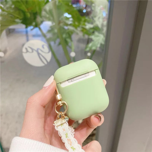 Matte Sage Green AirPod Case with Flower Keychain